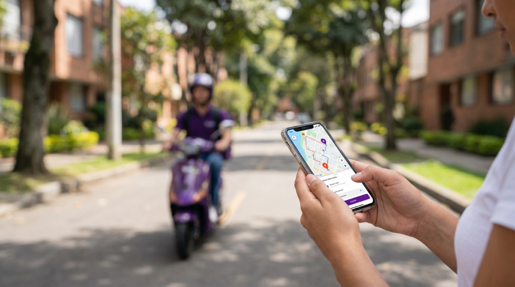 Cliente siguiendo su pedido en el celular mientras un domiciliario Manda'oApp se aproxima