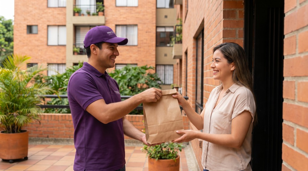 Domiciliario Manda'oApp entregando pedido a cliente en la puerta de su hogar