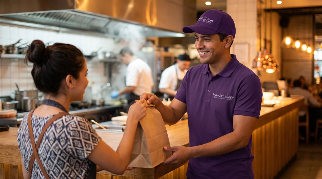 Comercio entregando pedido a domiciliario Manda'oApp en mostrador