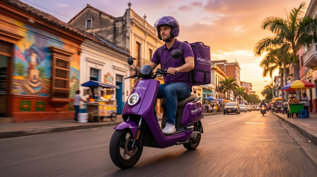 Domiciliario Manda'oApp en ruta y bolsa de entrega en zona urbana